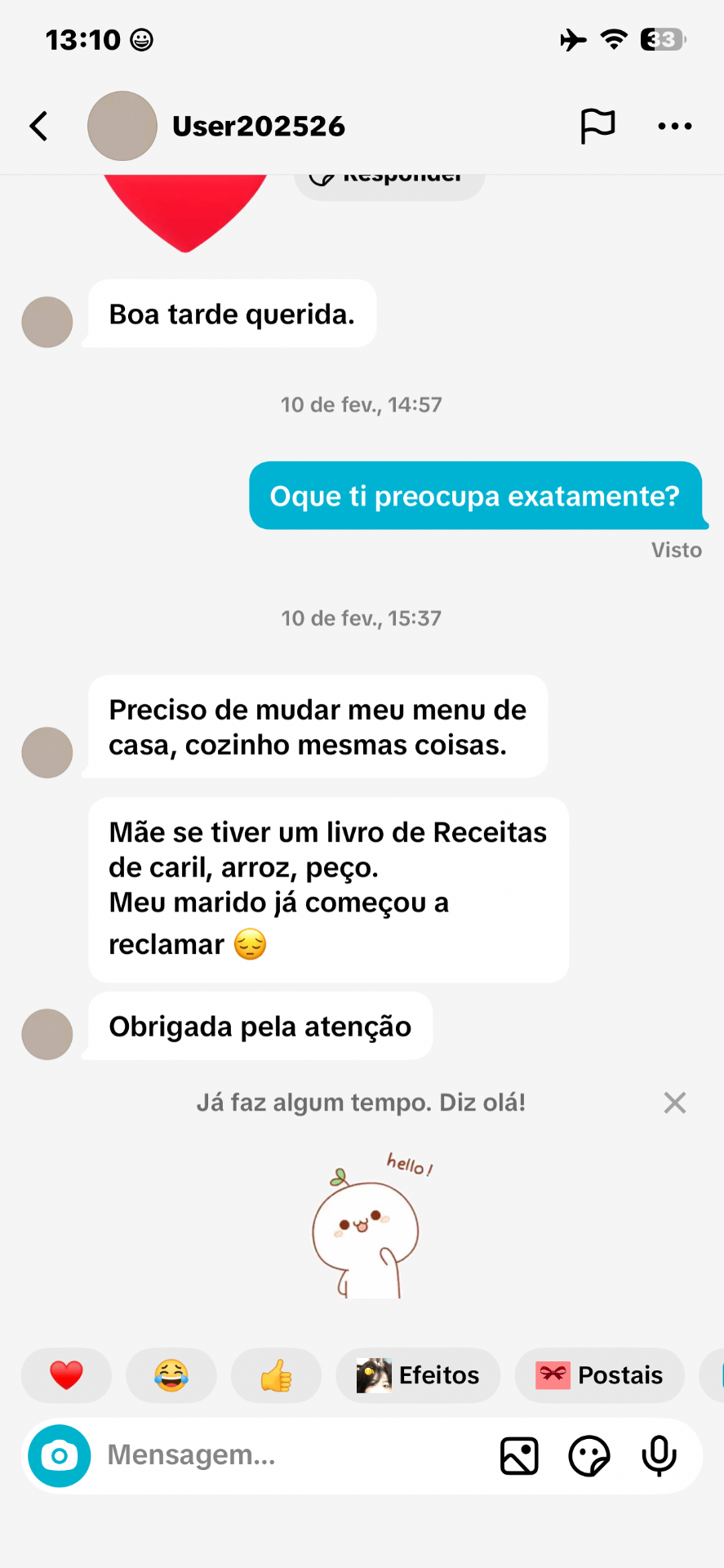 Cliente pedindo sugestões de receitas novas para variar o menu de casa